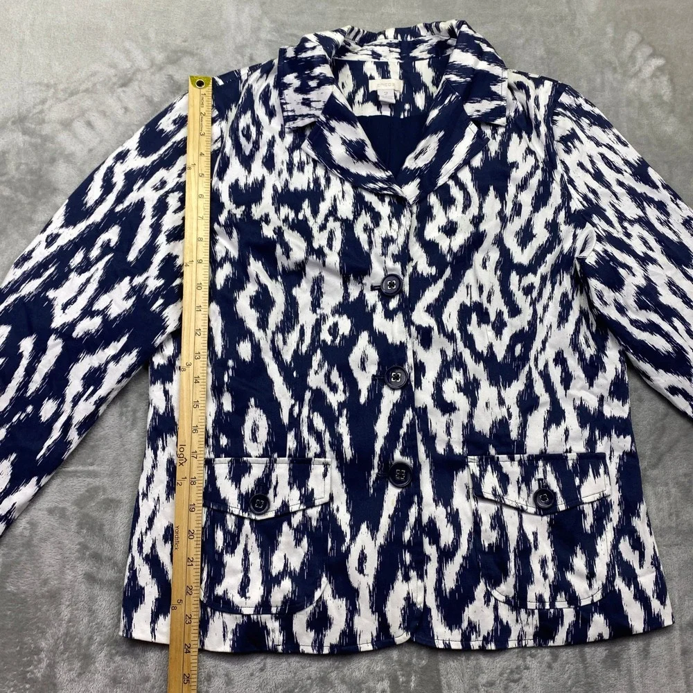 Chico's Eileen Navy White Ikat Print Blazer Jacket Sz 2‎ Cotton Blend 3-Button